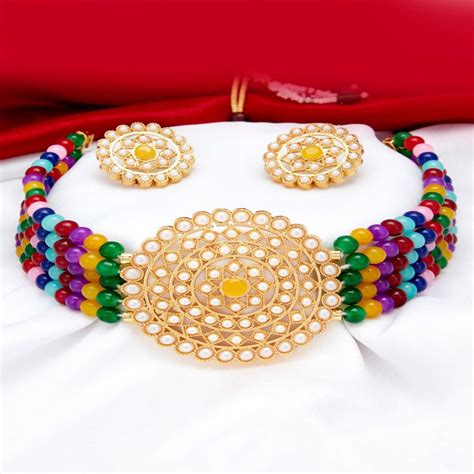 Sukkhi Pretty Gold Plated Multi Color Pearl Choker Necklace Set For