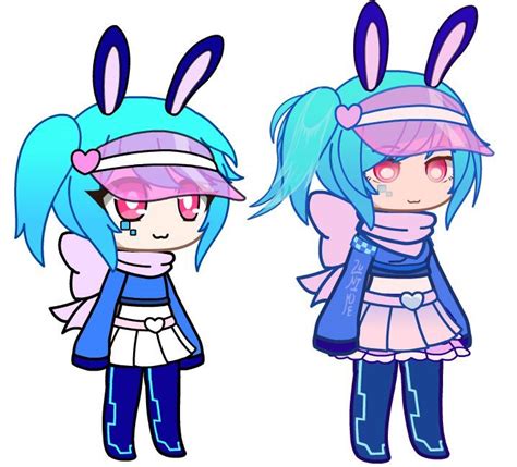 two cartoon characters with bunny ears and blue hair, one is wearing a pink hat