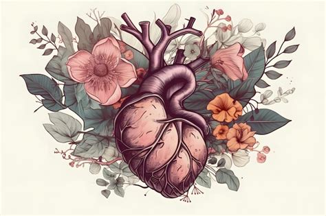 Um desenho de um coração com flores e folhas | Foto Premium