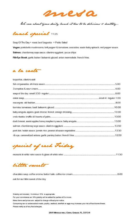 Menu at Mesa restaurant, Coral Gables