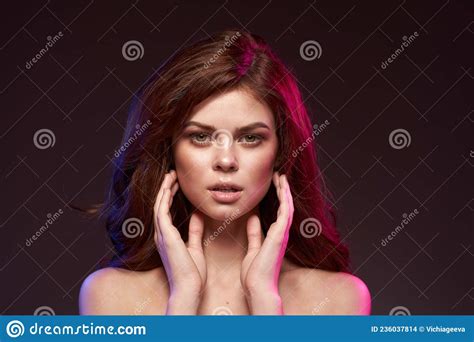 Pretty Woman Makeup Posing Naked Shoulders Hairstyle Cropped View Stock