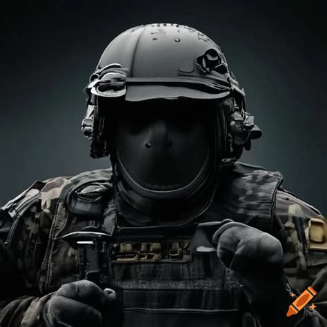 A Tactical Black Special Forces Uniform With Helmet And Flag Patch On