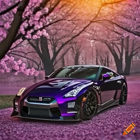 Dark Purple Nissan Gt R At Sunset With Cherry Blossom Trees On Craiyon