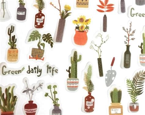 50 Pcs Potted Plants Matt Sticker, Botanicals Sticker Flakes, Plant Pot ...