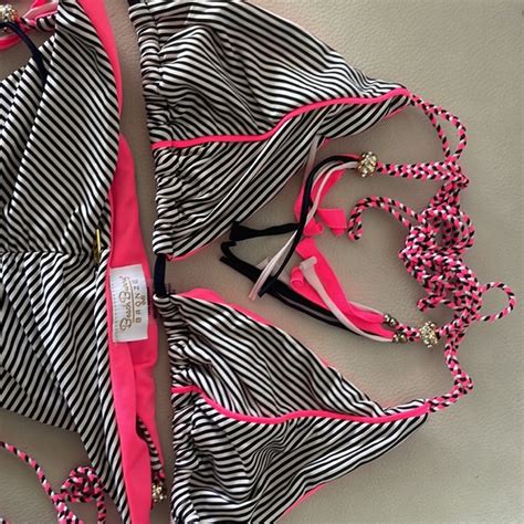 Beach Bunny Swim Beach Bunny Neon Pinkbw Striped Lined Bikini With Braided Straps Wgold