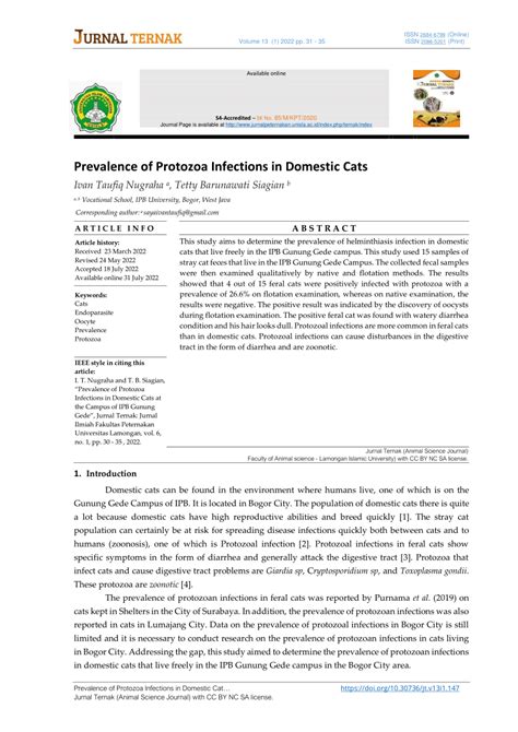 Pdf Prevalence Of Protozoa Infections In Domestic Cats