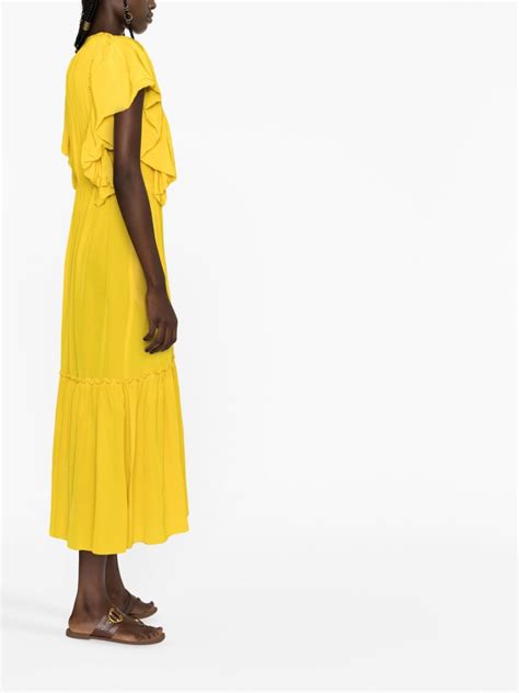 Ulla Johnson Flutter Sleeved Silk Midi Dress Yellow Farfetch