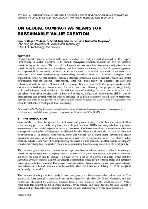 Pdf Un Global Compact As Means For Sustainable Value Creation