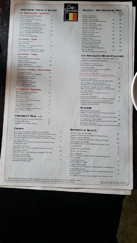 Menu at Cafe Brussels, Houston