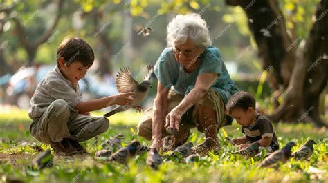 Premium Photo | Grandmother feeding birds with her grandchildren in a ...