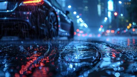 Car Driving Down Rain-Soaked Street at Night Stock Photo - Image of ...