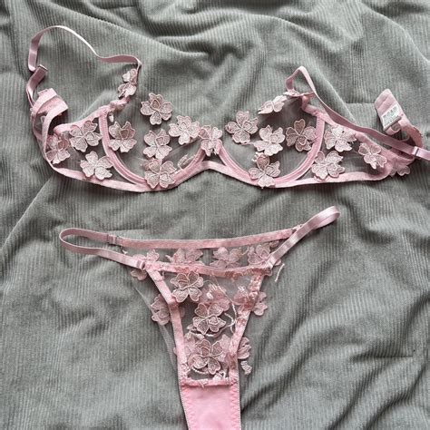 Pink Floral Lingerie Set Bralette And Thong Depop
