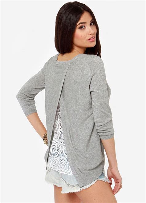 Grey V Neck Long Sleeve Lace Split Sweater Modestil