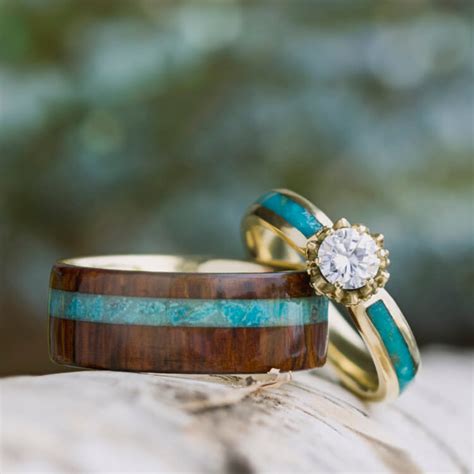 Turquoise Wedding Ring Set Moissanite Ring With Wood Band Jewelry By