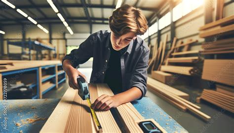 A teenage boy apprentice working in a carpenter's workshop. As an ...