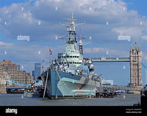 HMS Belfast Moored On The Thames South Bank Royal Navy Museum Ship