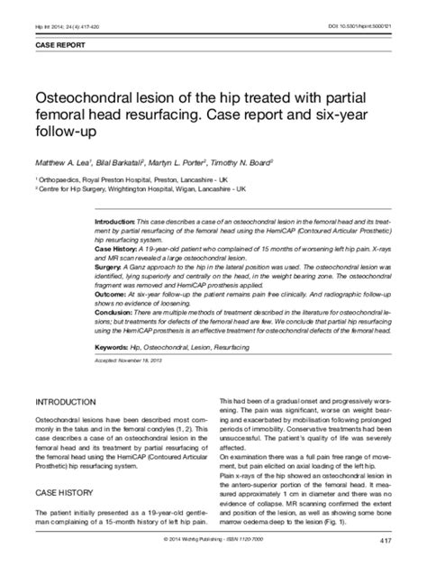 (PDF) Osteochondral lesion of the hip treated with partial femoral head resurfacing. Case report ...