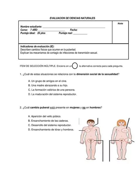 Evaluación Ciencias Naturales Sistema Reproductor E Its Profe Social