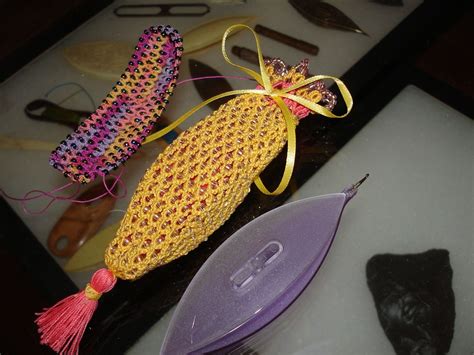 Mary S Tatting Bag With Tassels And Hook Placed On Large Shuttle So It Will Hold All Beads