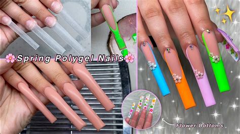 Colorful Spring Polygel Nails French Tips Flower Bottoms Creepy