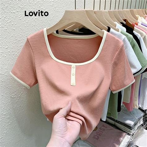 Lovito Women Casual Plain Contrast Binding Button Front T Shirt