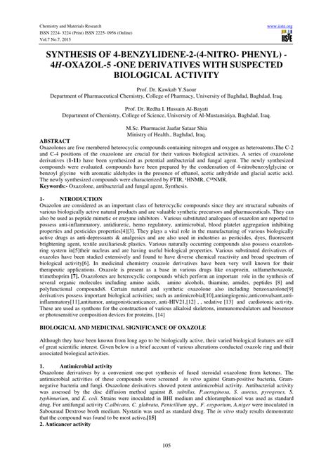 Pdf Synthesis Of Benzylidene Nitro Phenyl H Oxazol One