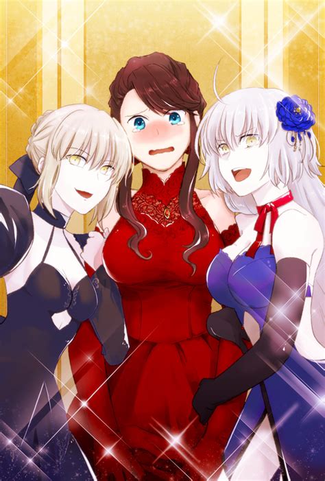 Safebooru 3girls D Ahoge Bangs Bare Shoulders Black Dress Black Gloves Blue Dress Blue Eyes