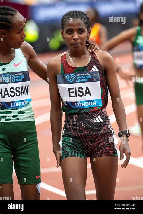 Sifan Hassan Of The Netherlands Congratulates Medina Eisa Of Ethiopia On Her New U20 World