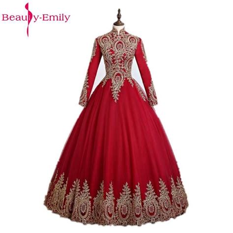 Beauty Emily Red Golden Appliques Ball Gown Wedding Dresses 2017 High