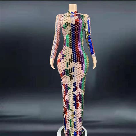 Multi Color Mirrors Evening Nude Transparent Dress Birthday Celebrate Prom Party Performance