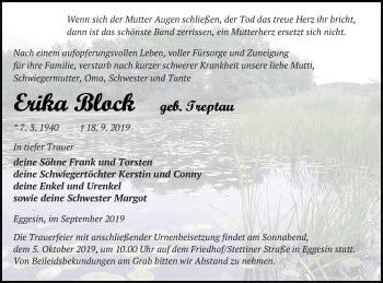 Traueranzeigen Von Erika Block Trauer Nordkurier