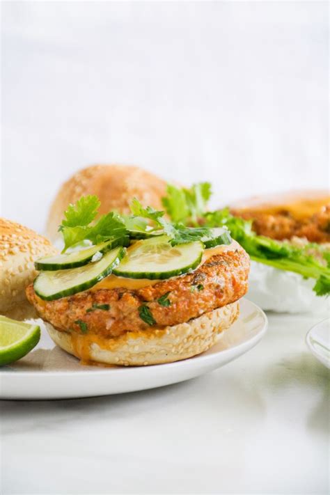 Salmon Burgers With Hoisin Sriracha Mayo And Quick Pickled Cucumbers