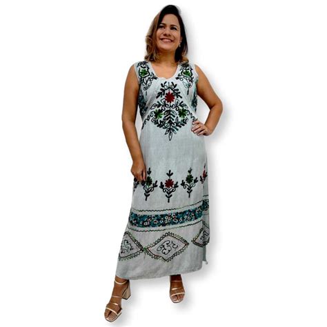 Vestido Longo Indiano Regata Liso Bordado Colorido Plus Size Sarat