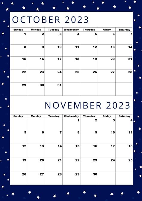 October 2023 Calendar November 2023 Calendar 2023 Calendar A4 Size Pdf