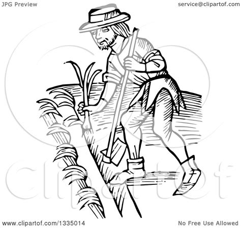 Clipart Of A Black And White Woodcut Medieval Man Using A Hoe And