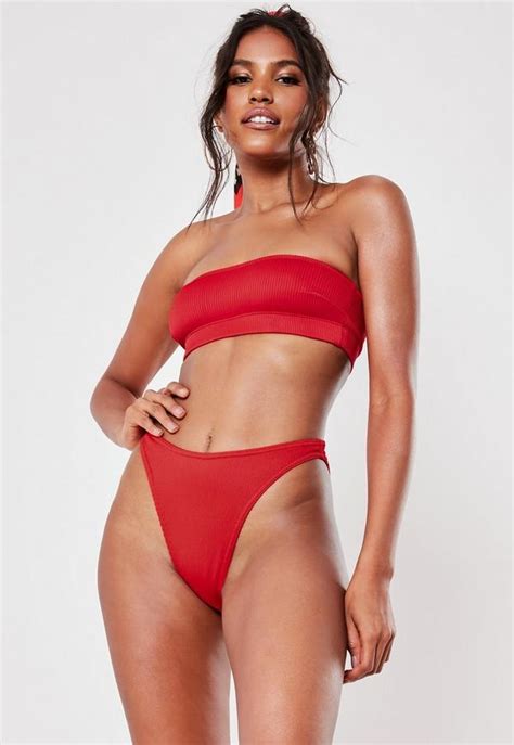 Red Rib Bandeau Bikini Top Missguided