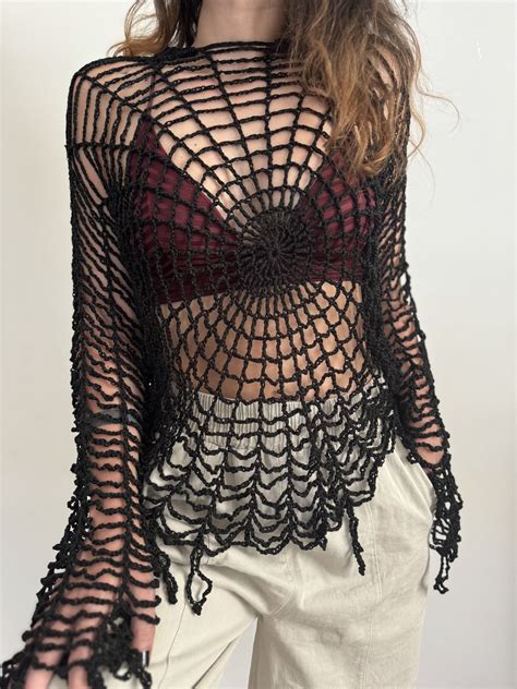 Black Spiderweb Crochet Long Sleeve Crop Top Halloween Crochet