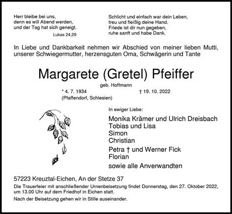 Anzeige N Pfeiffer Margarete Kondolenz Bestattungshaus Giesler