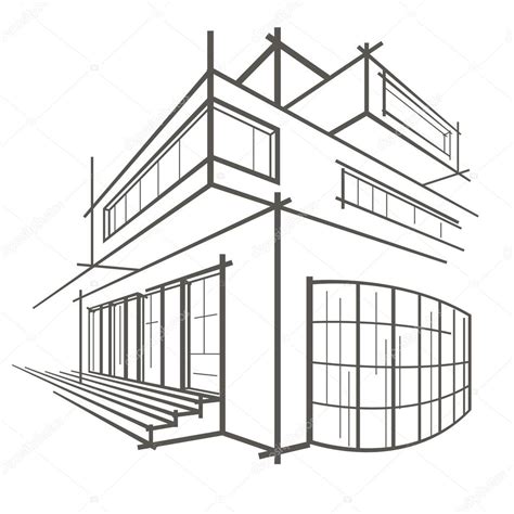 Architectural Linear Sketch Modern Building On White Background Stock