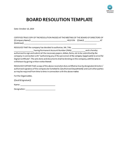 Board Resolution Template Templates At Allbusinesstemplates