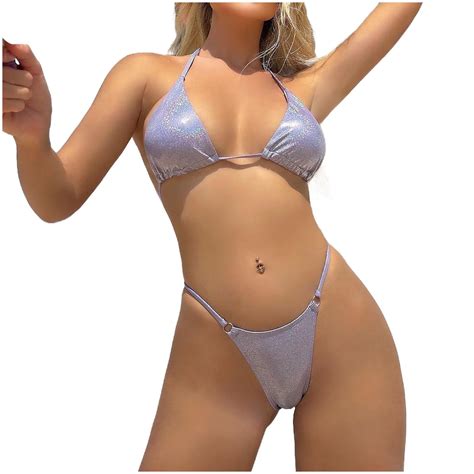 Aunvito Elegant Swimsuit For Women Women S Solid Sexy Bikini Thong Sparkling Split Strap