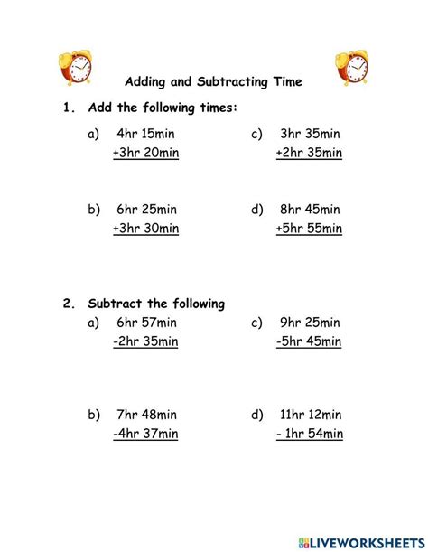 Adding And Subtracting Time Interactive Worksheet Live Worksheets