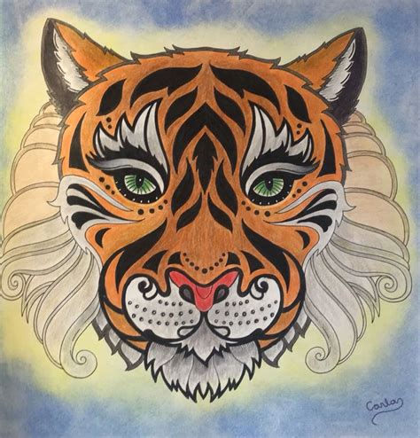 A Drawing Of A Tiger S Face With Green Eyes