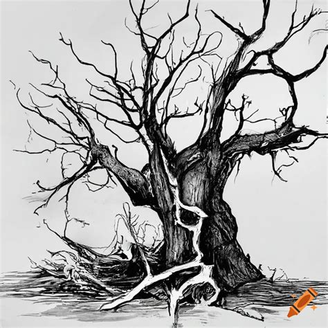 Black And White Ink Drawing Of A Split Dead Tree On Craiyon