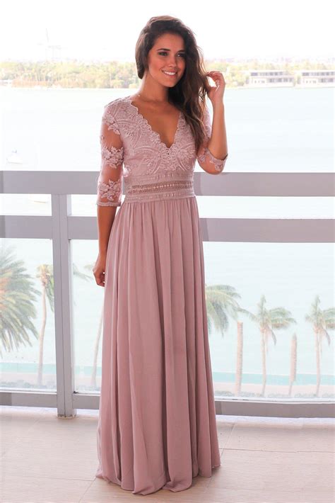 Taupe Gray V Neck Maxi Dress With Mesh Embroidered Sleeves Maxi