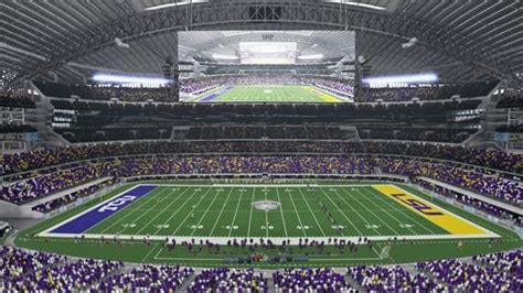 A Large Stadium Filled With Lots Of Purple And Yellow Football Players