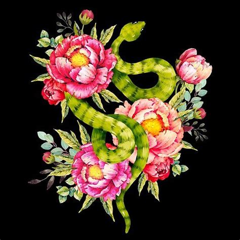 Peony Blossoms Buds And A Green Garden Snake Painting Peony