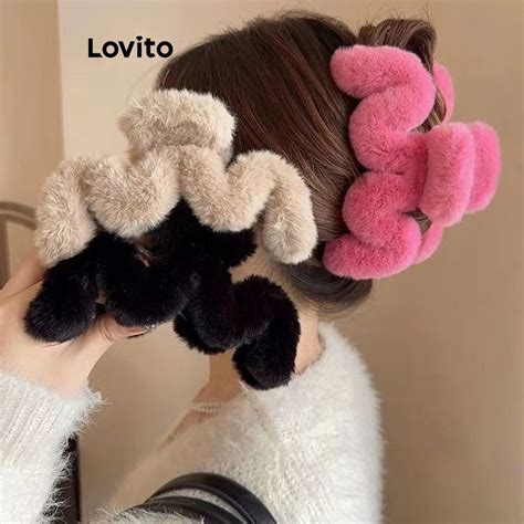 Lovito Casual Plain Plush M Shape Extra Large Dopamine Hair Clips For