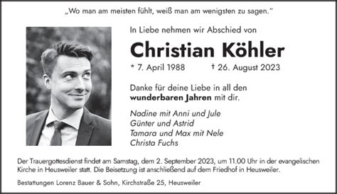 Traueranzeigen von Christian Köhler Saarbruecker Zeitung Trauer de