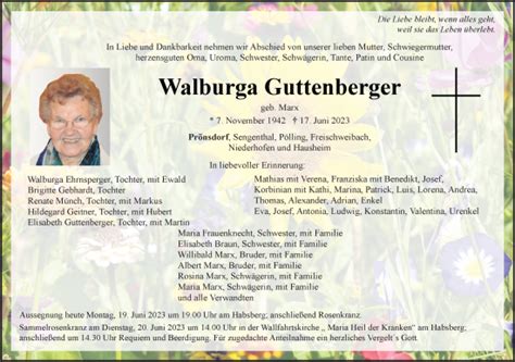 Traueranzeigen Von Walburga Guttenberger Mittelbayerische Trauer